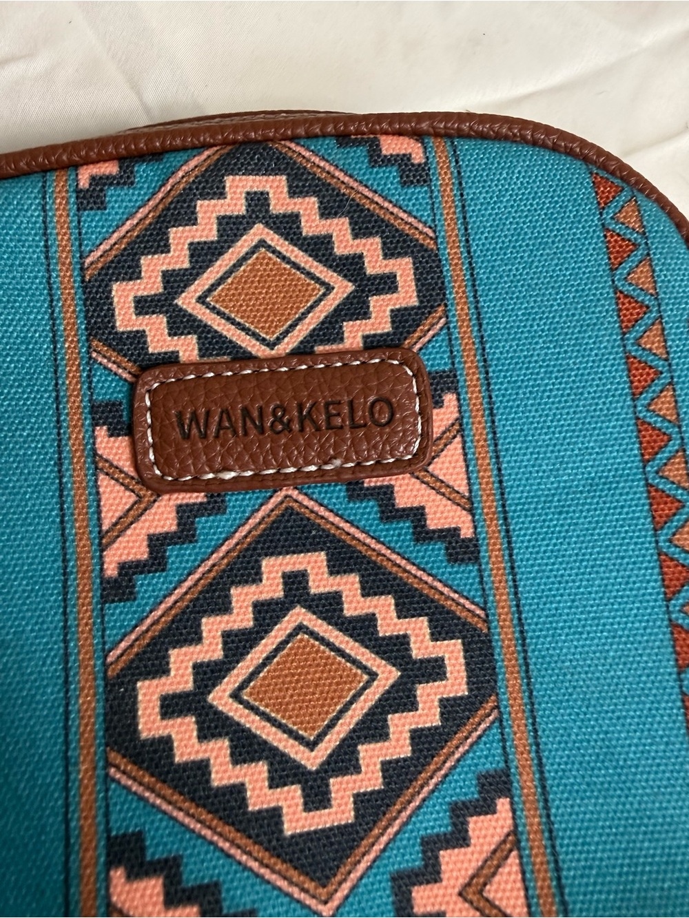 Wan & Kelo Teal Aztec Patterned Belt Bag with Brown Strap - Picture 4 of 10